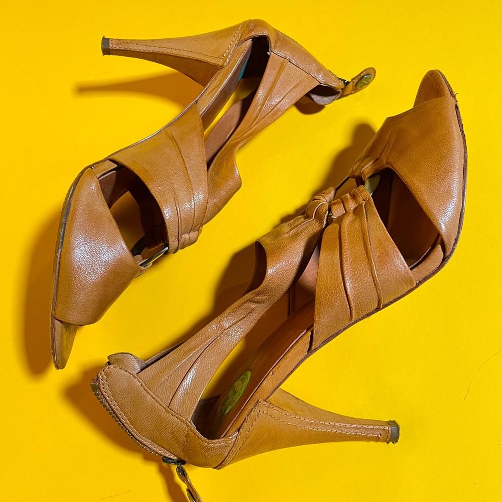 Camel Leather Heeled Sandals
